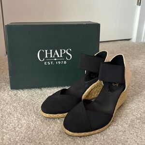 Chaps Black and Tan Wedge Sandals Size 6